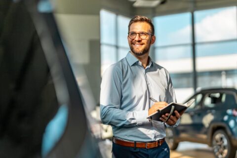Person in car showroom with clipboard