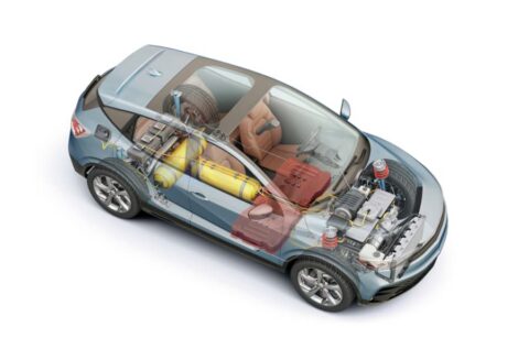 Hydrogen fuel generic car technical cutaway with 3D rendering