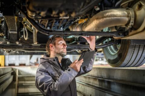 Mechanic checking undercarriage of car holding digital tablet